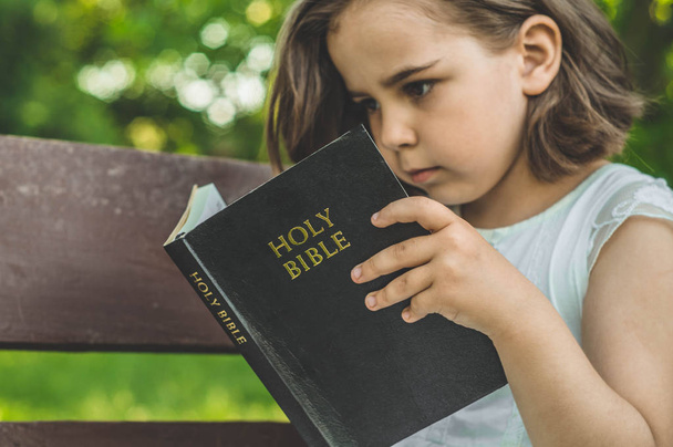Διαβάζοντας την Αγία Γραφή σε εξωτερικούς χώρους. Χριστιανή κορίτσι κρατά τη Βίβλο στα χέρια της κάθεται σε ένα παγκάκι - Φωτογραφία, εικόνα