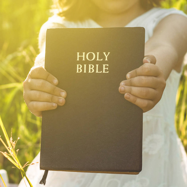La chica cristiana tiene la Biblia en sus manos. Leyendo la Santa Biblia en un campo durante el hermoso atardecer. Concepto de fe
 - Foto, imagen