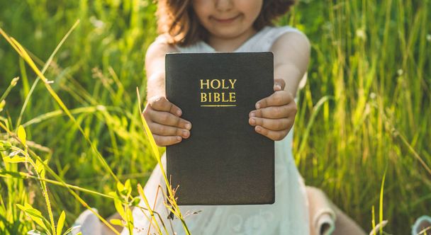 Christian girl holds bible in her hands. Reading the Holy Bible in a field during beautiful sunset. Concept for faith - Photo, Image