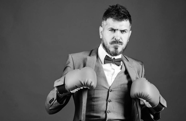 Feeling free and confident. businessman in formal suit and tie. Business and sport success. man in boxing gloves punching. powerful man boxer ready for corporate battle. knockout and energy. Fight - Foto, Bild