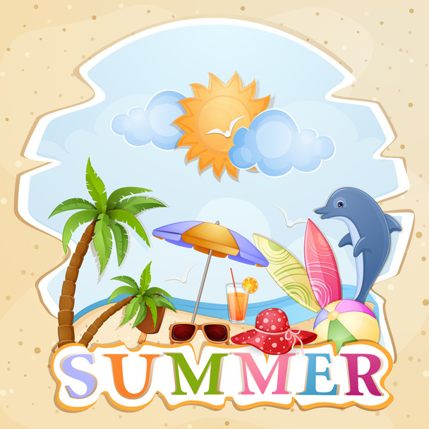 Summer holiday illustration with dolphin - Vettoriali, immagini