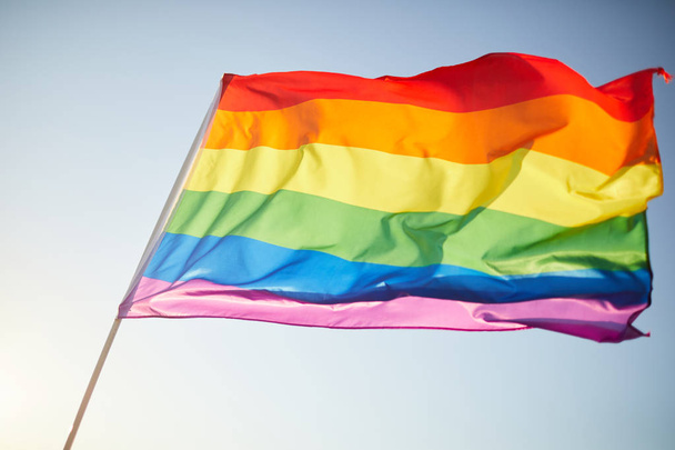 Close-up of bright multi-colored rainbow flag waving in breeze, background image - Photo, Image