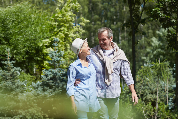 Портрет счастливой пожилой пары, гуляющей в саду, освещенный ярким солнечным светом, копировальное пространство
 - Фото, изображение