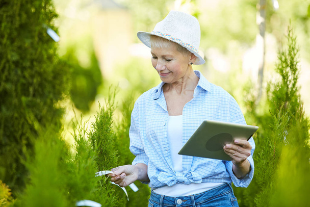 Taille up portret van lachende vrouw met behulp van digitale Tablet tijdens het tuinieren, kopieer ruimte - Foto, afbeelding