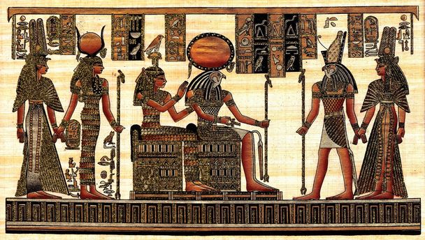 Kohtaus papyruksessa maalatusta kuolemanjälkeisestä seremoniasta
 - Valokuva, kuva