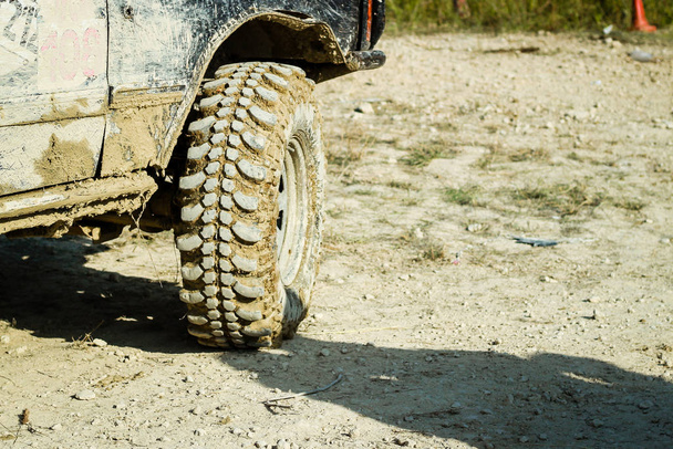 Off-road dirty car wheels. Swamp rubber. Jeep in the swamp. Tria - Photo, Image