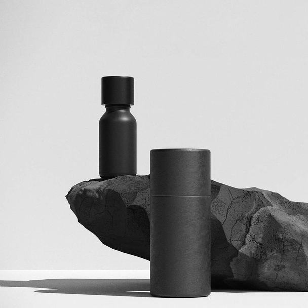 bottle of essential massage oil on stone - beauty treatment. Minimal Black design packaging mock up. 3d illustration. - Valokuva, kuva