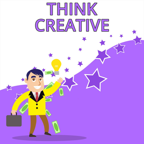 Text sign showing Think Creative. Conceptual photo The ability to perceive patterns that are not obvious Successful Businessman or Clerk Generating Good Idea or Finding Solution. - Photo, Image