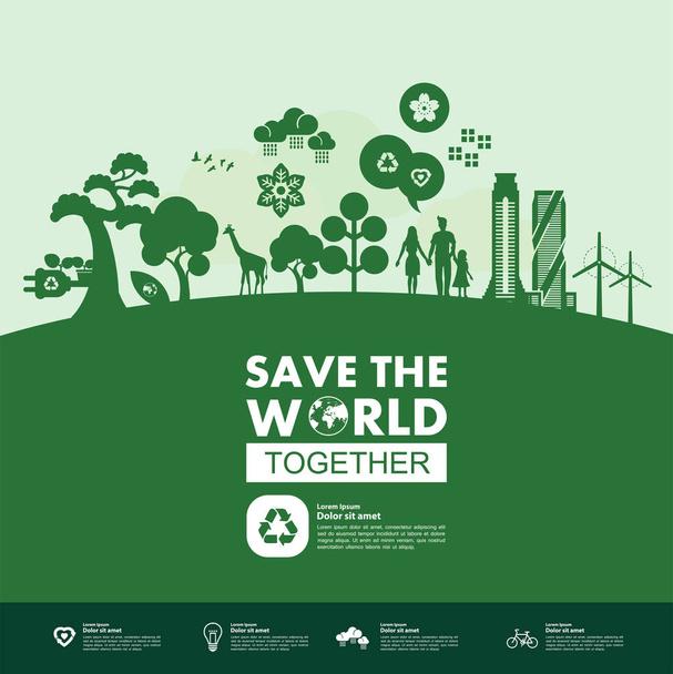 Salvar el mundo juntos ecología verde vector ilustración. - Vector, Imagen