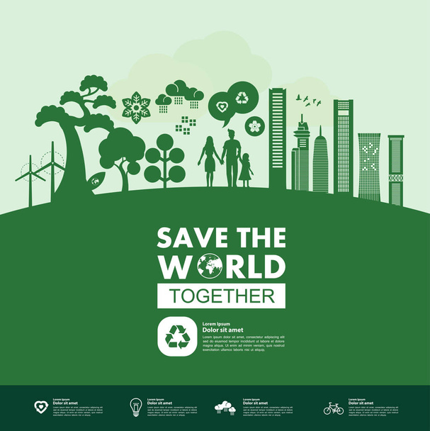 Gemeinsam die Welt retten grüne Ökologie-Vektorillustration. - Vektor, Bild