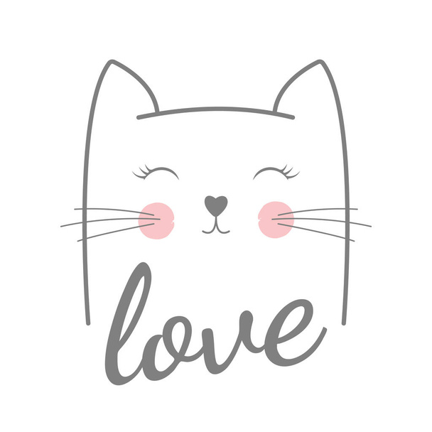Lovely cute cat face, with text Love isolated object on white background. - Вектор, зображення