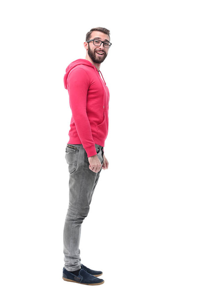 side view. modern trendy guy in red jacket. - Zdjęcie, obraz