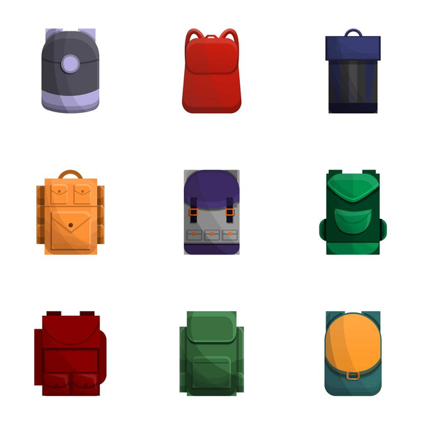 Conjunto de ícones de mochila turística, estilo cartoon
 - Vetor, Imagem