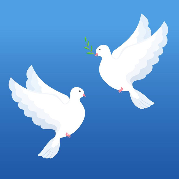white doves with olive twig on a blue background - Vector, Image