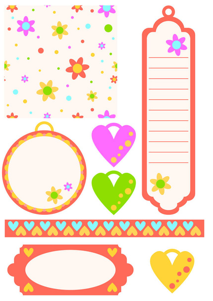 Floral tags, labels, trims and background - Vector, Image