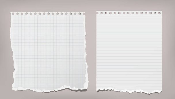 Bílý roztrhaný, lemovaný a hraný Poznámkový blok, papírové listy jsou na šedém pozadí. Vektorová ilustrace - Vektor, obrázek
