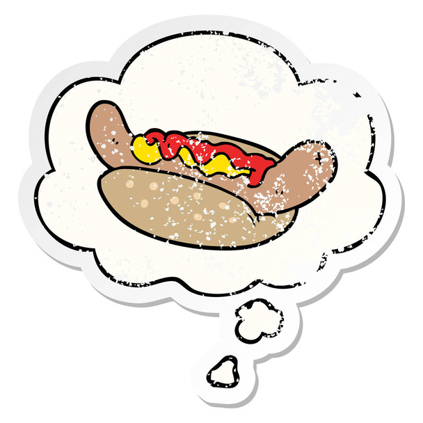 cartoon hot dog and thought bubble as a distressed worn sticker - Vector, Image