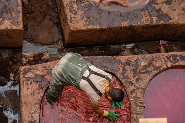 tanner man working  in dye pot at leather tanneries in Fes, Morocco  - Photo, image