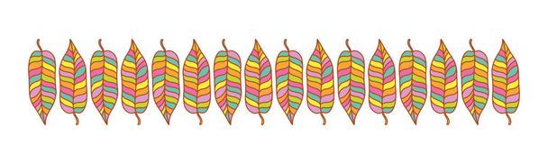Hojas multicolores de una planta tropical Colorida en una fila. Borde floral, follaje fragmento brillante del largo marco ancho dibujado en el estilo hawaiano. Ramas de palma fondo, vector ornamento vegetal
  - Vector, Imagen