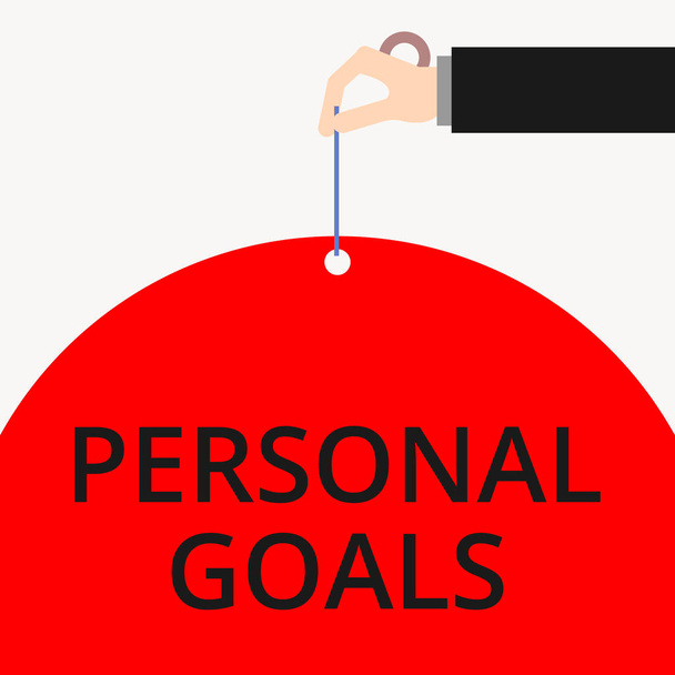 Word writing text Personal Goals. Business concept for Target set by a demonstrating to influence his efforts Motivation Male hand arm needle punching big half blank balloon geometrical background. - Photo, Image
