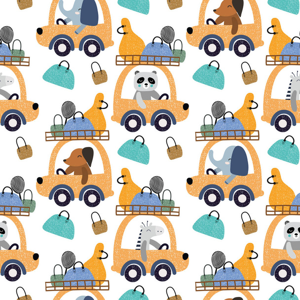 niedlichen Tieren am Steuer eines Autos mit Taschen nahtlose Muster Hintergrund. Design für Stoff, Verpackung, Textil, Tapete, Bekleidung. - Vektor, Bild