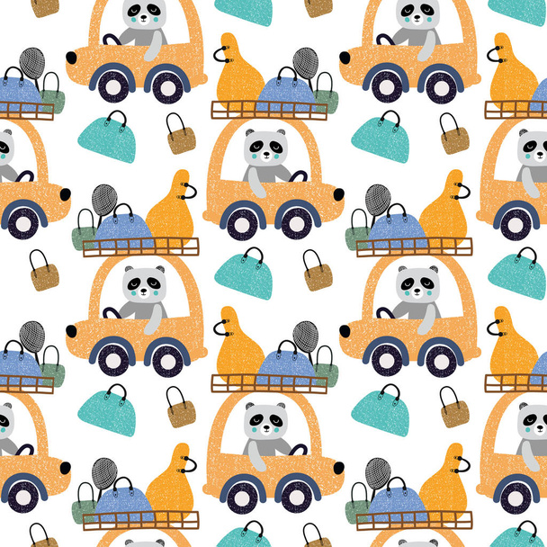 Cute zwierząt jazdy samochodem z torby bez szwu tle wzór. Projektowanie tkanin, owijania, tekstyliów, tapet, odzieży. - Wektor, obraz