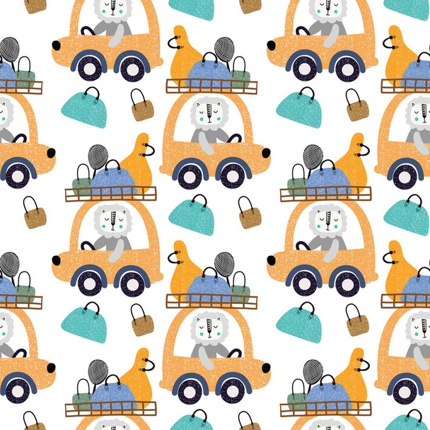 niedlichen Tieren am Steuer eines Autos mit Taschen nahtlose Muster Hintergrund. Design für Stoff, Verpackung, Textil, Tapete, Bekleidung. - Vektor, Bild
