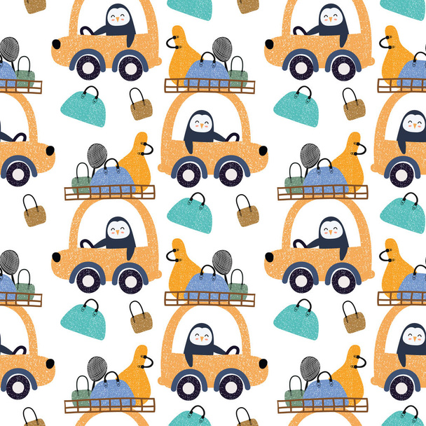 Schattige dieren rijden een auto met zakken naadloze patroon achtergrond. Ontwerp voor stof, inwikkeling, textiel, behang, kleding. - Vector, afbeelding