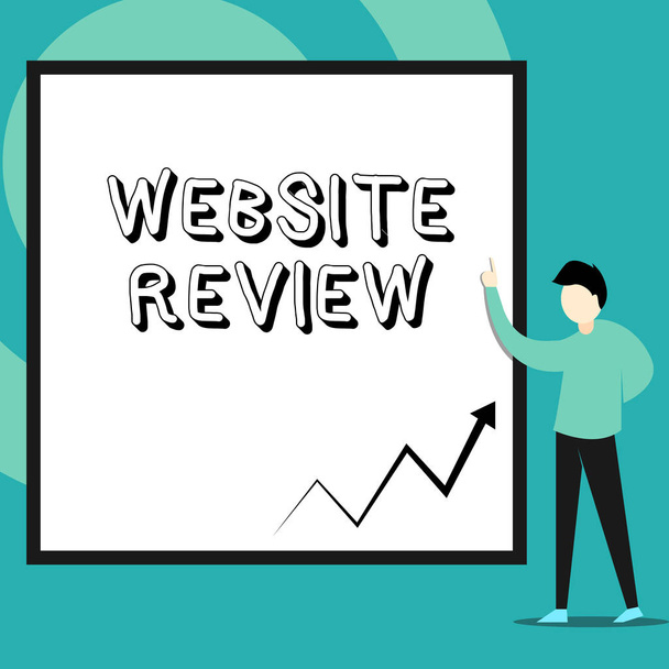 Conceptual hand writing showing Website Review. Business photo text Reviews that can be posted about businesses and services Man standing pointing up blank rectangle Geometric background. - Photo, Image