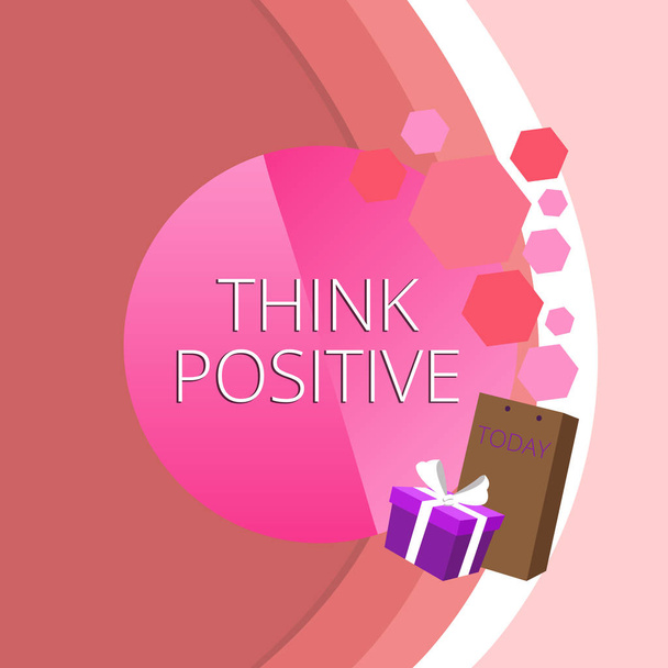Szöveg jel mutatja Think pozitív. Konceptuális fotó a tendencia, hogy pozitív vagy optimista hozzáállás üdvözlőlap poszter ajándékcsomag prezentáció Box által díszített bowknot. - Fotó, kép