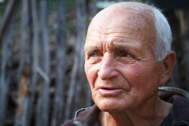 Retrato de close-up de um homem muito velho contra o pano de fundo de wattle, foco seletivo
 - Foto, Imagem