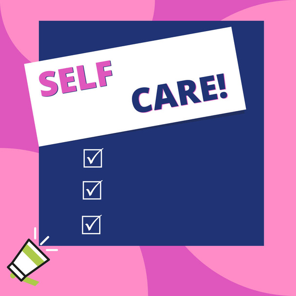 Word writing text Self Care. Business concept for practice of taking action to preserve or improve ones own health Big blank square rectangle stick above small megaphone left down corner. - Photo, Image