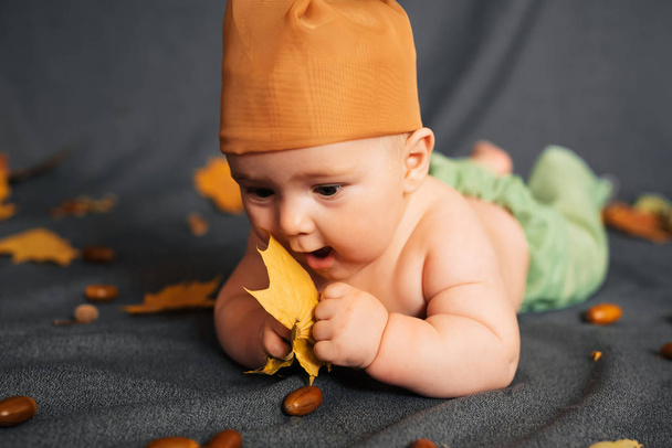 Niño recién nacido se encuentra en el fondo de otoño con hojas de arce y bellotas
 - Foto, imagen