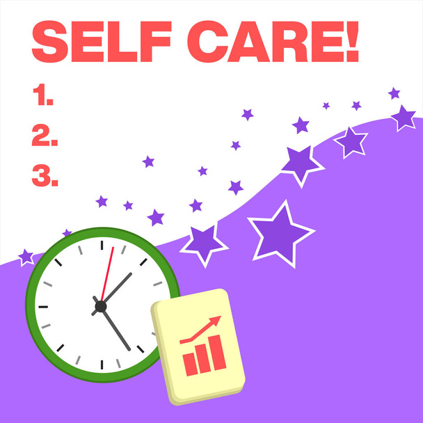 Text sign showing Self Care. Conceptual photo practice of taking action to preserve or improve ones own health Layout Wall Clock Notepad with Escalating Bar Graph and Arrow Pointing Up. - Photo, Image