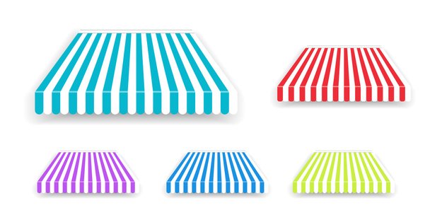 Tente pare-soleil pour fenêtre, toit à rayures colorées isolé. Boutique réaliste auvent tentes ensemble
. - Photo, image