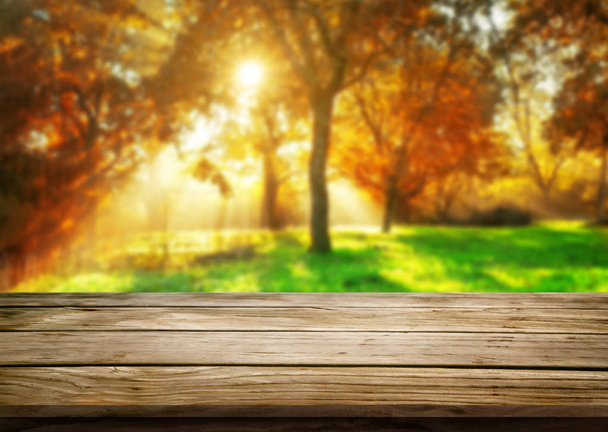 Деревянный стол в осеннем пейзаже с копировальным пространством
 - Фото, изображение