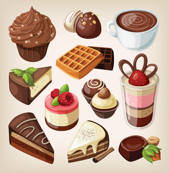 Набор шоколадных конфет, тортов и других шоколадных продуктов - Вектор,изображение