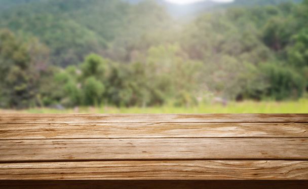 Mesa de madera marrón en la granja de verano paisaje verde con espacio de copia
 - Foto, imagen