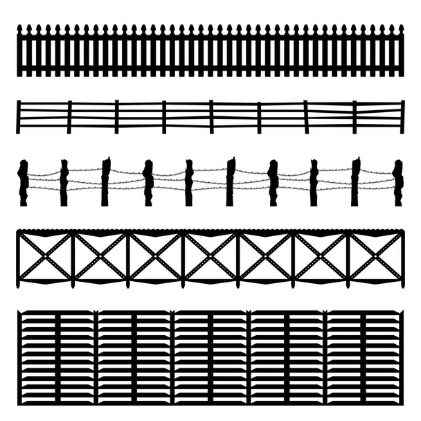 Набор из четырех черных заборов изолированы на белом фоне, силуэт деревянный забор набор
 - Вектор,изображение