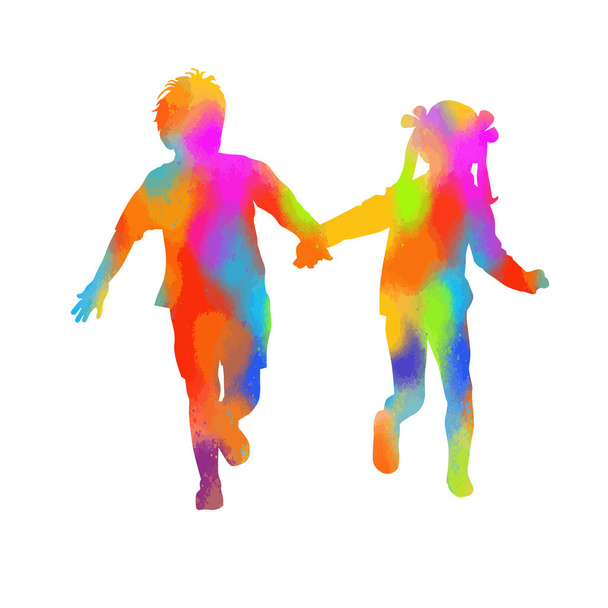 Niños multicolores corriendo tomados de la mano. Feliz día de la amistad. Ilustración vectorial
 - Vector, Imagen