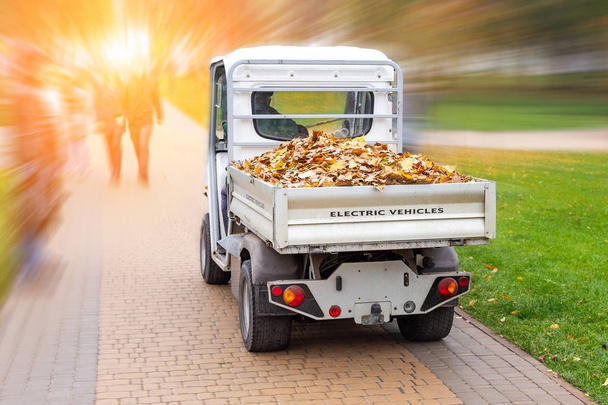 Küçük elektrikli kamyon sonbahar şehir parkında vücut düşen yaprakları kaldırarak. Yeşillik sokakları temizlemek için ekoloji yeşil araç kamyon kullanarak Belediye kentsel hizmetler - Fotoğraf, Görsel
