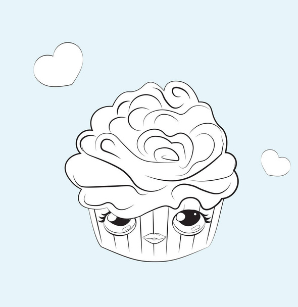 Coloring book cupcake with funy face - Vector, imagen