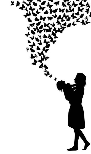 Silhouette of mother with daughter in her arms with butterflies. Vector illustration - Vector, Image