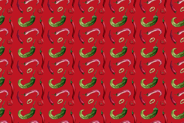 赤いホットチリペッパーは、色付きの背景にシームレスなパターン、手描き水彩。秋, 収穫, ベジタリアン, 野菜. - 写真・画像