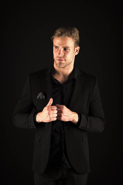 Guy attractive confident model. Confident in his style. Man in dark clothes. Casually handsome. Man handsome well groomed macho on black background. Feeling confident. Male beauty and masculinity - Fotoğraf, Görsel