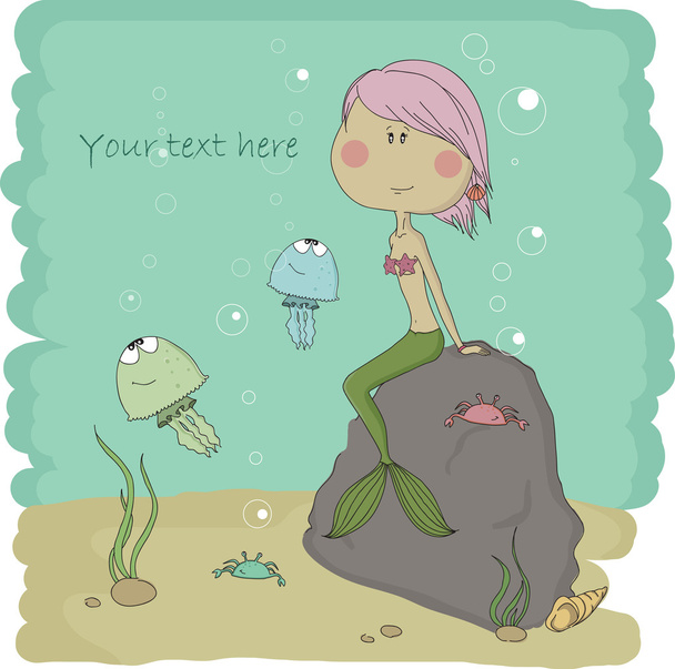 Little mermaid who is sitting on a stone - Vector, Image