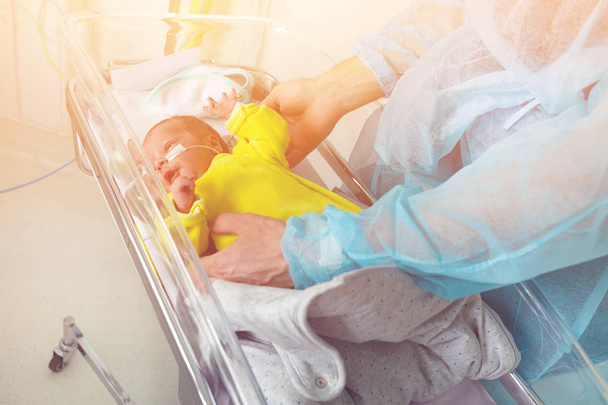 Parent's hands and premature born baby in the ICU crib in hospital - Foto, Bild
