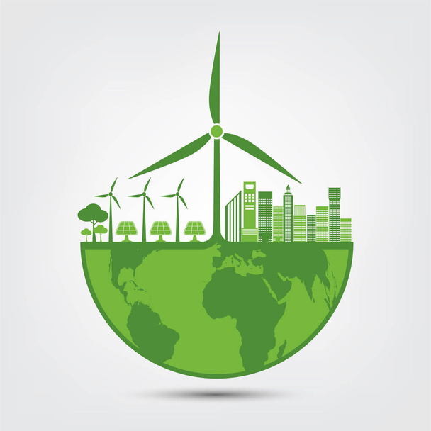 Ecologie en milieuconcept, het symbool van de aarde met groene bladeren in de buurt van steden helpen de wereld met milieuvriendelijke ideeën  - Vector, afbeelding