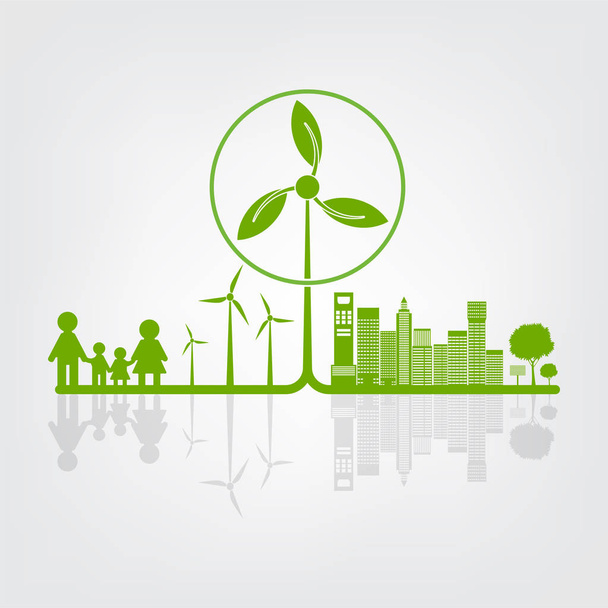 Ekologie a koncept životního prostředí, symbol Země se zelenými listy v okolí měst pomoci světu s ekologickými nápady  - Vektor, obrázek