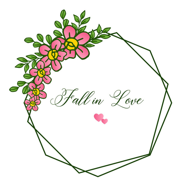 Letter fall in love, with decor of frame, for plant of green leaves and pink flower. Vector - Διάνυσμα, εικόνα